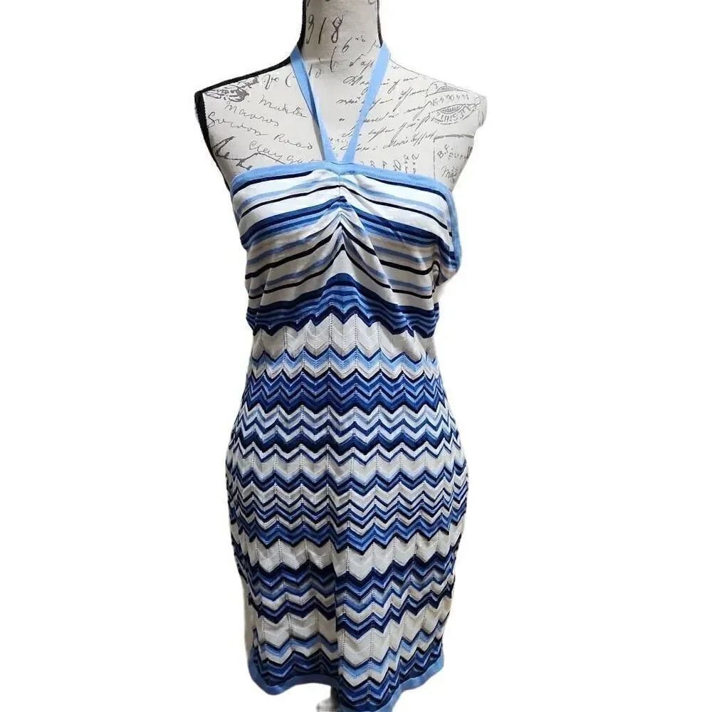 New Crave Fame Blue & White Chevron Open Weave Knit Halter Dress- Size Large